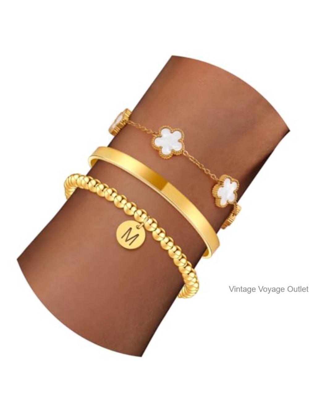 18k Gold Plated Initial Beaded Clover Cuff Bracelet Set Stackable